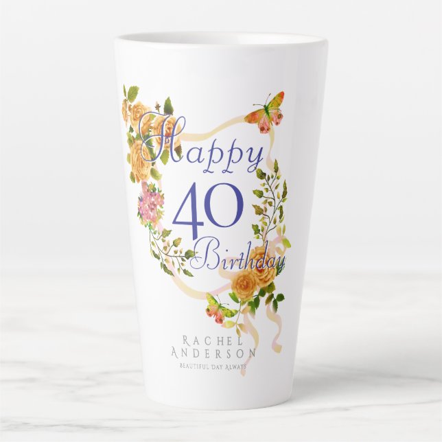 Tasse Latte Ruban de rose dorée 40e anniversaire (Devant)