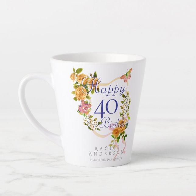 Tasse Latte Ruban de rose dorée 40e anniversaire (Gauche)