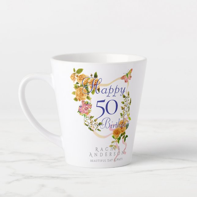 Tasse Latte Ruban de rose dorée 50e anniversaire (Gauche)