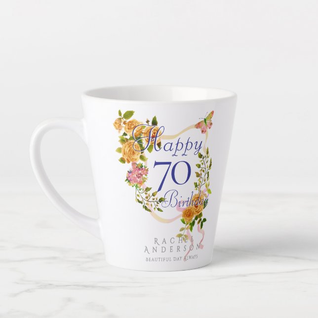 Tasse Latte Ruban de rose dorée 70e anniversaire (Gauche)
