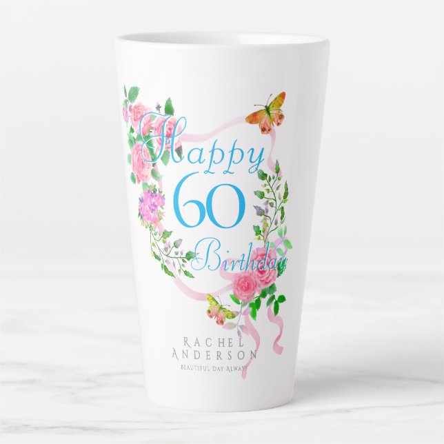 Tasse Latte Ruban de rose rose 60 ans (Devant)