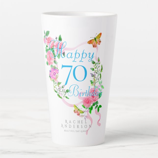 Tasse Latte Ruban de rose rose 70e anniversaire (Devant)
