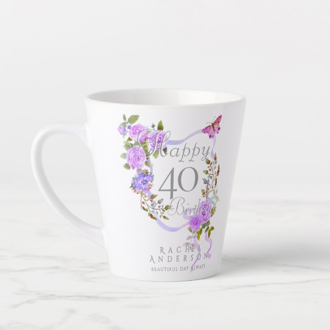 Tasse Latte Ruban de rose violette 40e anniversaire (Gauche)