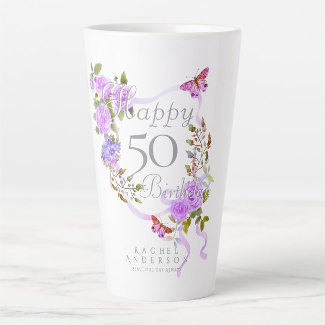 Tasse Latte Ruban de rose violette 50e anniversaire (Devant)