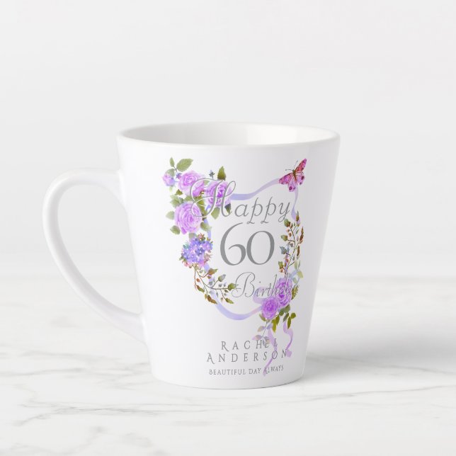 Tasse Latte Ruban de rose violette 60e anniversaire (Gauche)