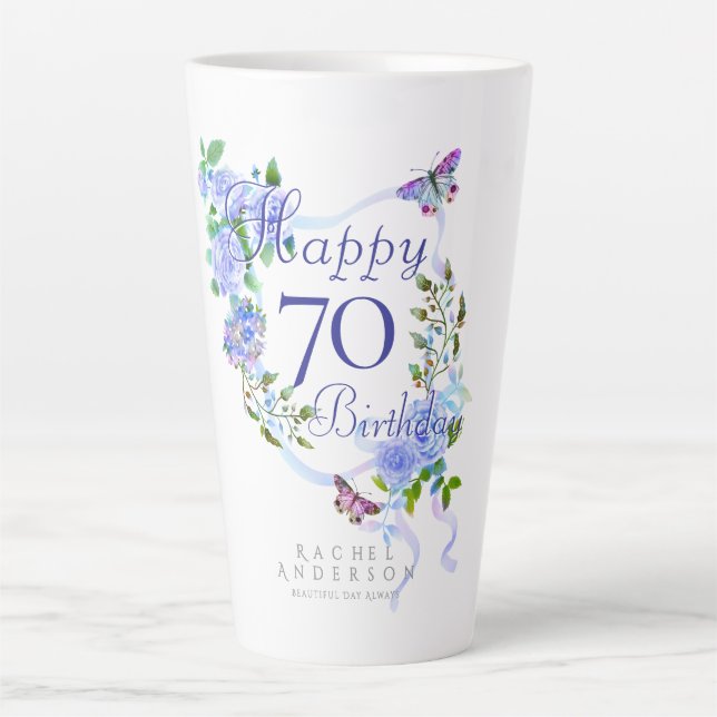 Tasse Latte Ruban Rose Bleu 70e Anniversaire (Devant)