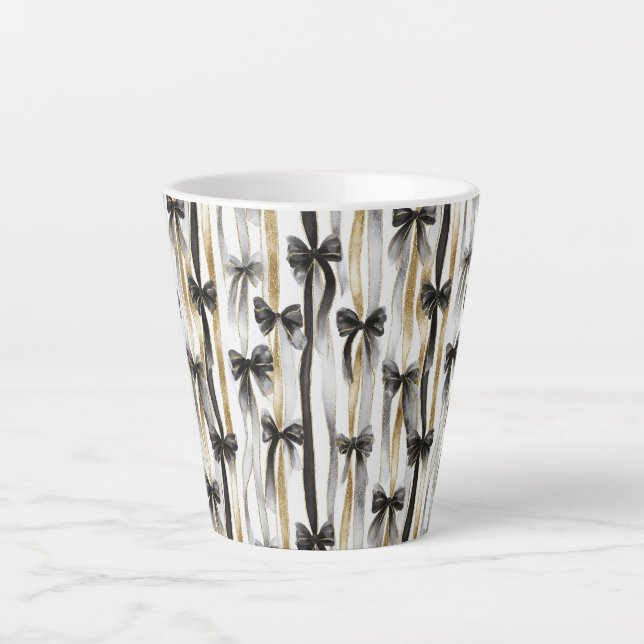 Tasse Latte Rubans et nœuds dorés argentés noirs clinquants (Devant)