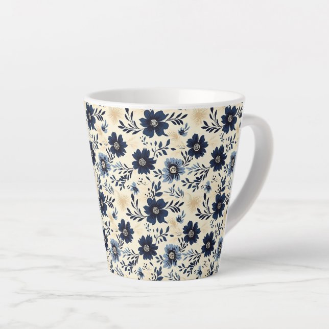 Tasse Latte Rustic Dark Blue Beige Flower Folk Art Print (Angle droit)