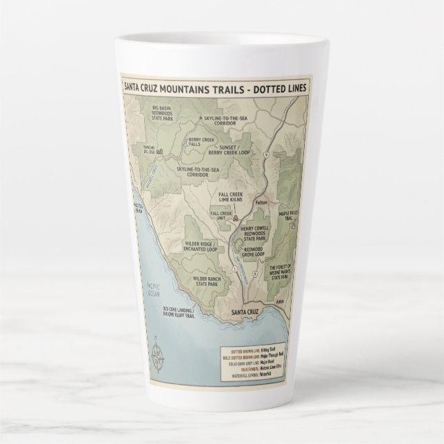 Tasse Latte Santa Cruz California Trail Map Redwood & Coastal  (Devant)