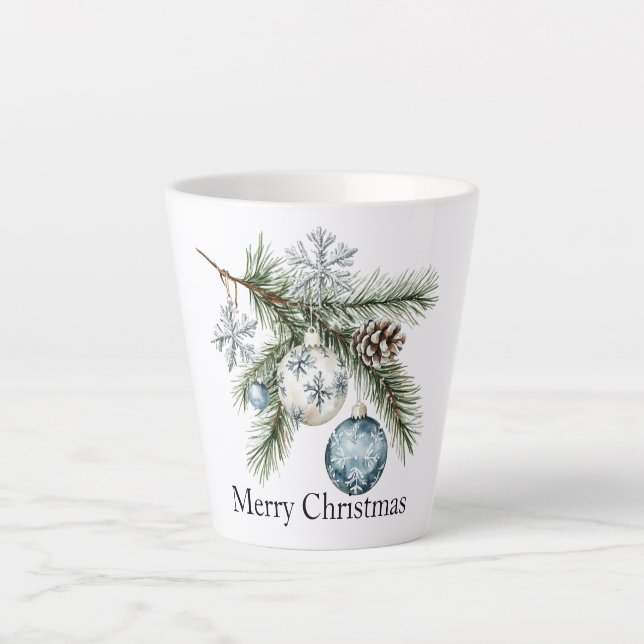 Tasse Latte Sapin de Noël Flocon de Neige Ornements Bleu Blanc (Devant)