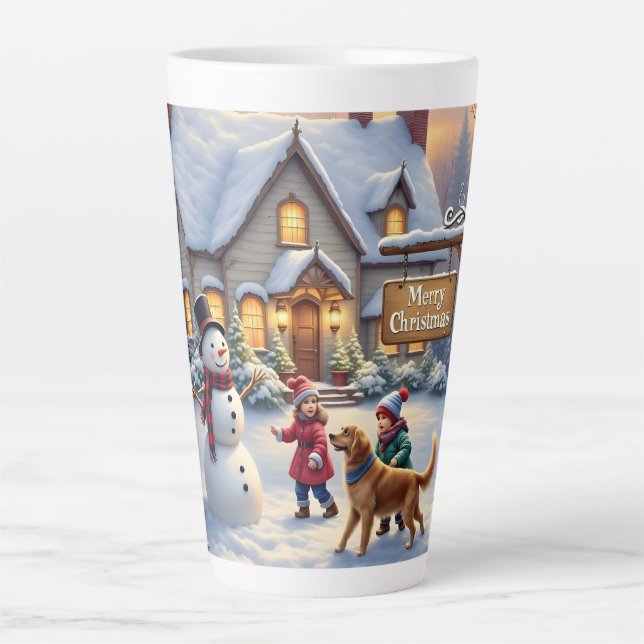 Tasse Latte Scène d'art de Noël enneigée et cosy (Devant)
