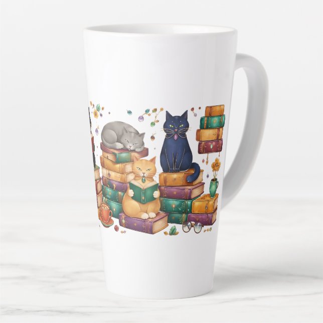 Tasse Latte Scène de bibliothèque cosy avec des chats lisant d (Angle droit)