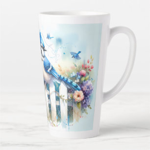 Tasse Latte Scène de clôture de jardin de cottage Blue Jay