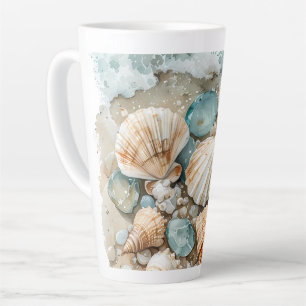 Tasse Latte Scène de coquillages côtiers à l'aquarelle et bois