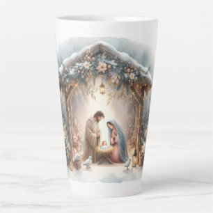 Tasse Latte Scène de la Nativité rustique avec fleurs d'hiver