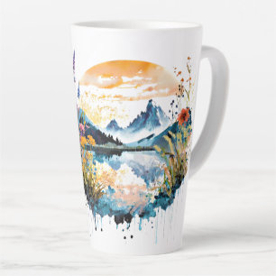 Tasse Latte Scène de montagne à l'aquarelle