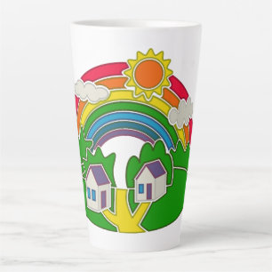 Tasse Latte Scène rurale avec arc-en-ciel et maison de campagn