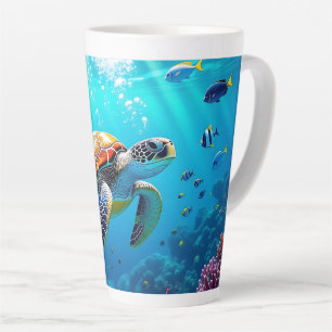 Tasse Latte Scène sous-marine colorée de tortue marine  