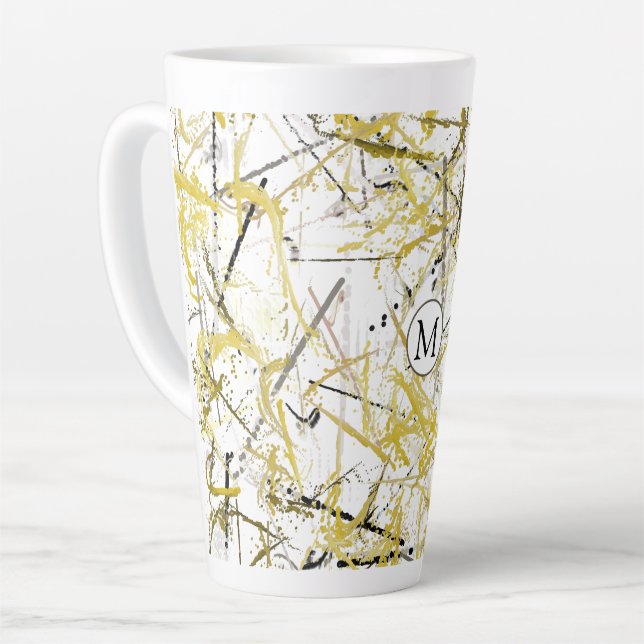 Tasse Latte Scribbles Abstraits - moutarde et Brown (Angle gauche)