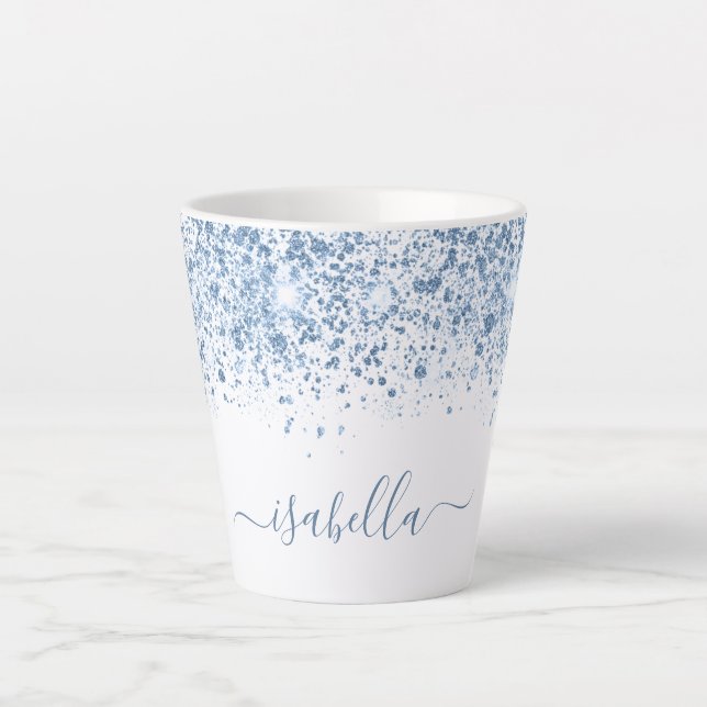 Tasse Latte Script de nom de parties scintillant bleu blanc (Devant)