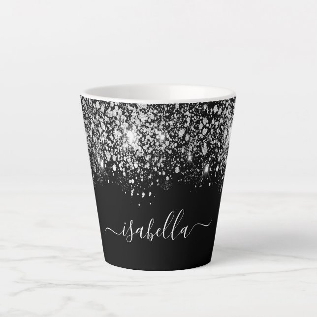 Tasse Latte Script de nom de parties scintillant en argent noi (Devant)