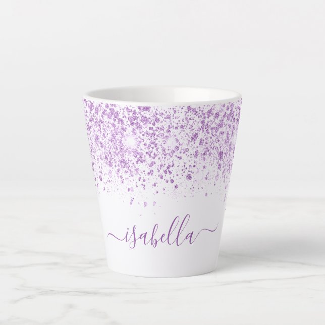 Tasse Latte Script de nom de parties scintillant violet blanc (Devant)