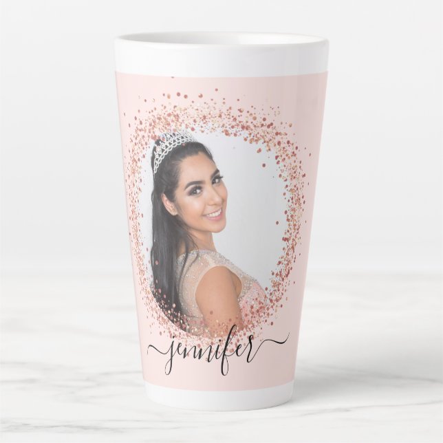Tasse Latte Script de nom de photo en or bleu rose (Devant)