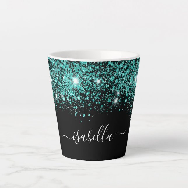 Tasse Latte Script glam de nom de parties scintillant turquois (Devant)