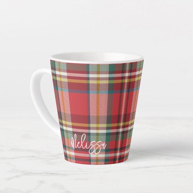 Tasse Latte Script personnalisé Rustique Plaid Noël (Angle gauche)