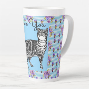 Tasse Latte Shabby Chic Blue Stripe Tabby Chat Love Heart