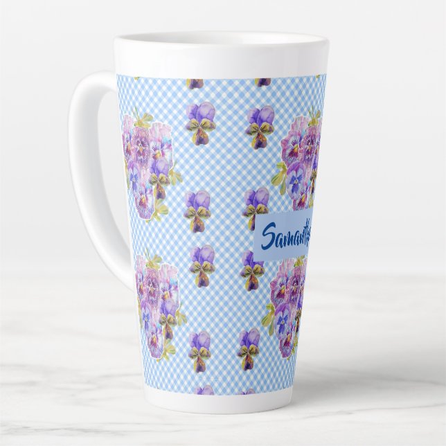 Tasse Latte Shabby Pansy Floral Blue En vichy Fleurs Filles Mu (Angle gauche)