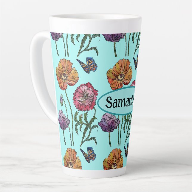 Tasse Latte Shabby Poppy Red Purple sur Aqua Nom personnalisab (Angle gauche)