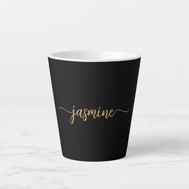 Tasse Latte Signature de nom de monogramme noir et or minimali (Devant)