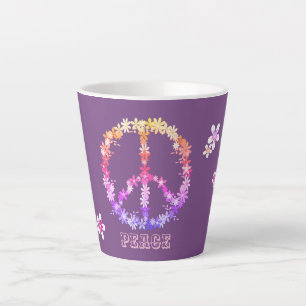 Tasse Latte Signe de paix avec fleurs colorées,Texte personna