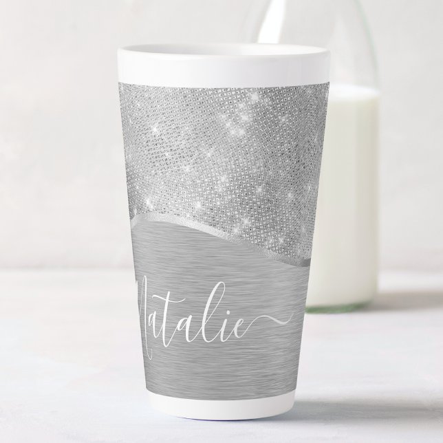 Tasse Latte Silver Glitter Glam Bling Personalized (Créateur téléchargé)