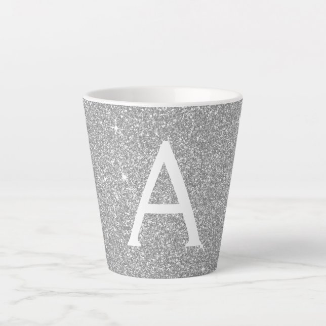 Tasse Latte Silver Sparkle Glitter Monogram Name & Initial (Devant)