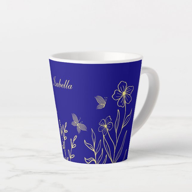 Tasse Latte Simple élégant fleurs dorées bleu royal  (Angle droit)