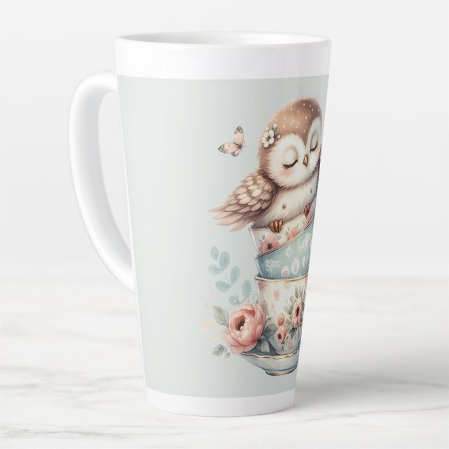 Tasse Latte Sleeping Owl in Stacked Floral Teacups (Angle gauche)