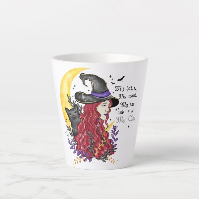 Tasse Latte Sorcière avec chat noir et lune de croissant (Devant)