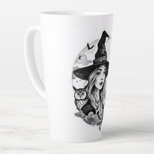 Tasse Latte Sorcière avec un chat et une chouette - Halloween