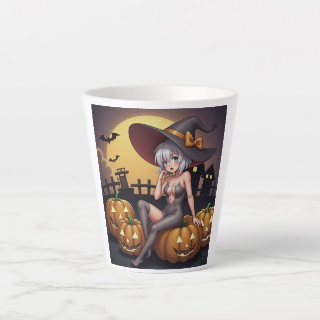 Tasse Latte Sorcière d'Halloween aux Yeux Verts sur des Citrou (Devant)
