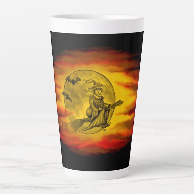Tasse Latte Sorcière volante avec chat noir, nuit halloween (Devant)