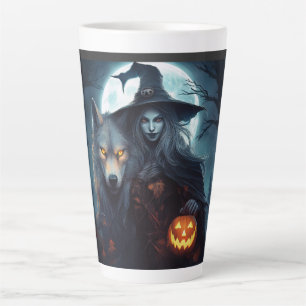 Tasse Latte Sortez Son Loup Et Une Jack-o'-lantern Avec Une Lu