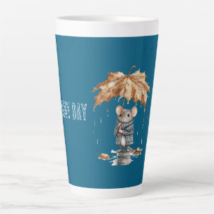 Tasse Latte Souris de parapluie de feuille de jour de pluie bl