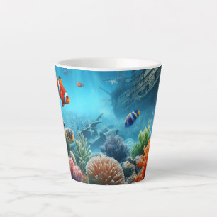 Tasse Latte Sous la mer, tortue, corail, bateau, poisson clown
