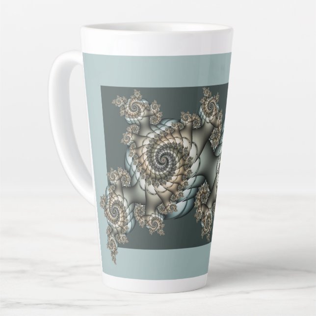 Tasse Latte Spirales d'art fractal beige abstrait bleu clair (Angle gauche)