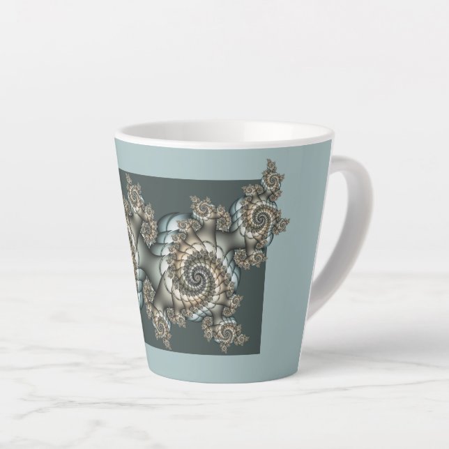Tasse Latte Spirales d'art fractal beige abstrait bleu clair (Angle droit)
