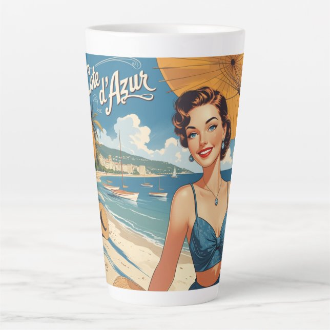 Tasse Latte Style vintage Côte d'Azur Beach Girl (Devant)