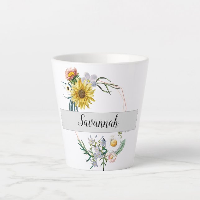 Tasse Latte Sunflower Daisy Peint Floral Monogramme Nom (Devant)