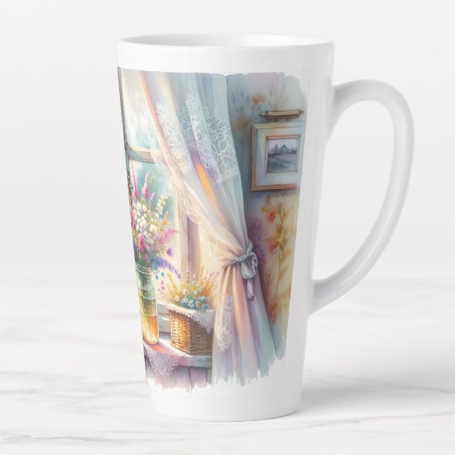 Tasse Latte Sunlit Cottage Window Wildflowers (Droite)